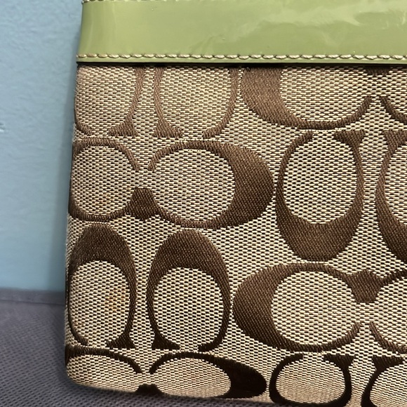 Coach signature brown, green leather trim wristlet - Picture 7 of 15